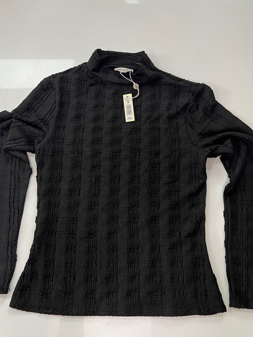 Max Studio Black Textured Mock Neck Long Sleeve Top